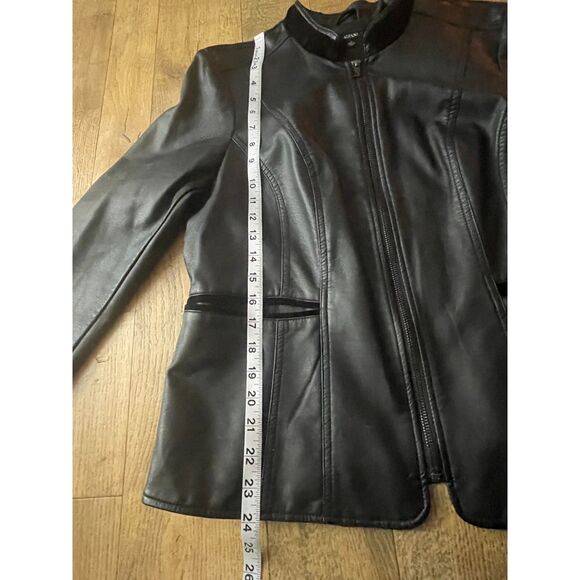 Alfani Black Faux Leather Jacket Women’s L Zip Front Velvet Trim Moto Style - Picture 9 of 13
